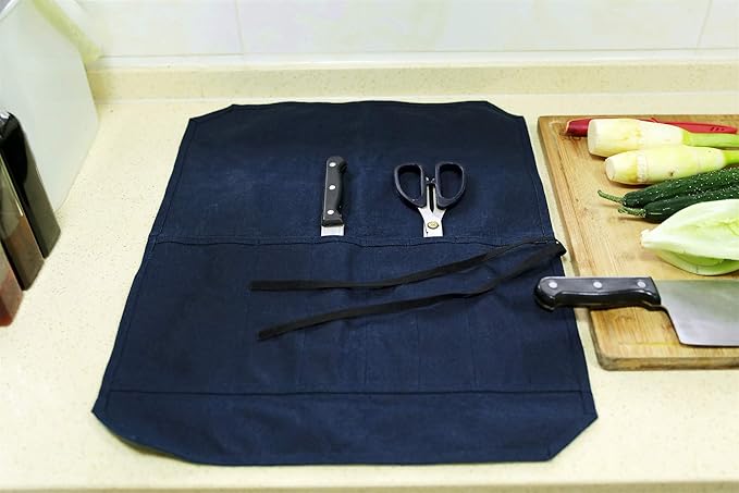 Knife Bag, Heavy Duty 16oz Waxed Canvas 7-Slots Knife Roll Storage Bag, Blue