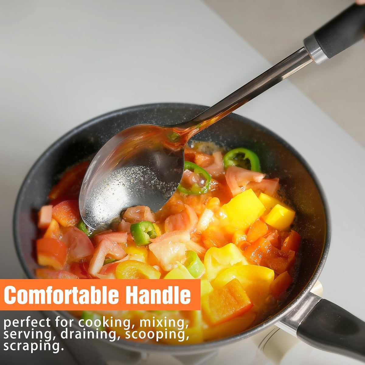 Stainless Steel Cooking Spoon Heavy Duty Basting Spoon Serving Spoons Stainless Steel Cooking Utensils with Non-Slip Ergonomic Handle, Black