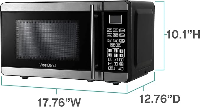 West Bend Microwave Oven 700-Watts Countertop Compact Footprint with 6 Pre Cooking Settings, Speed Defrost, Electronic Control Panel and Glass Turntable Perfect for Small Spaces, 0.7-Cu.Ft., Metallic