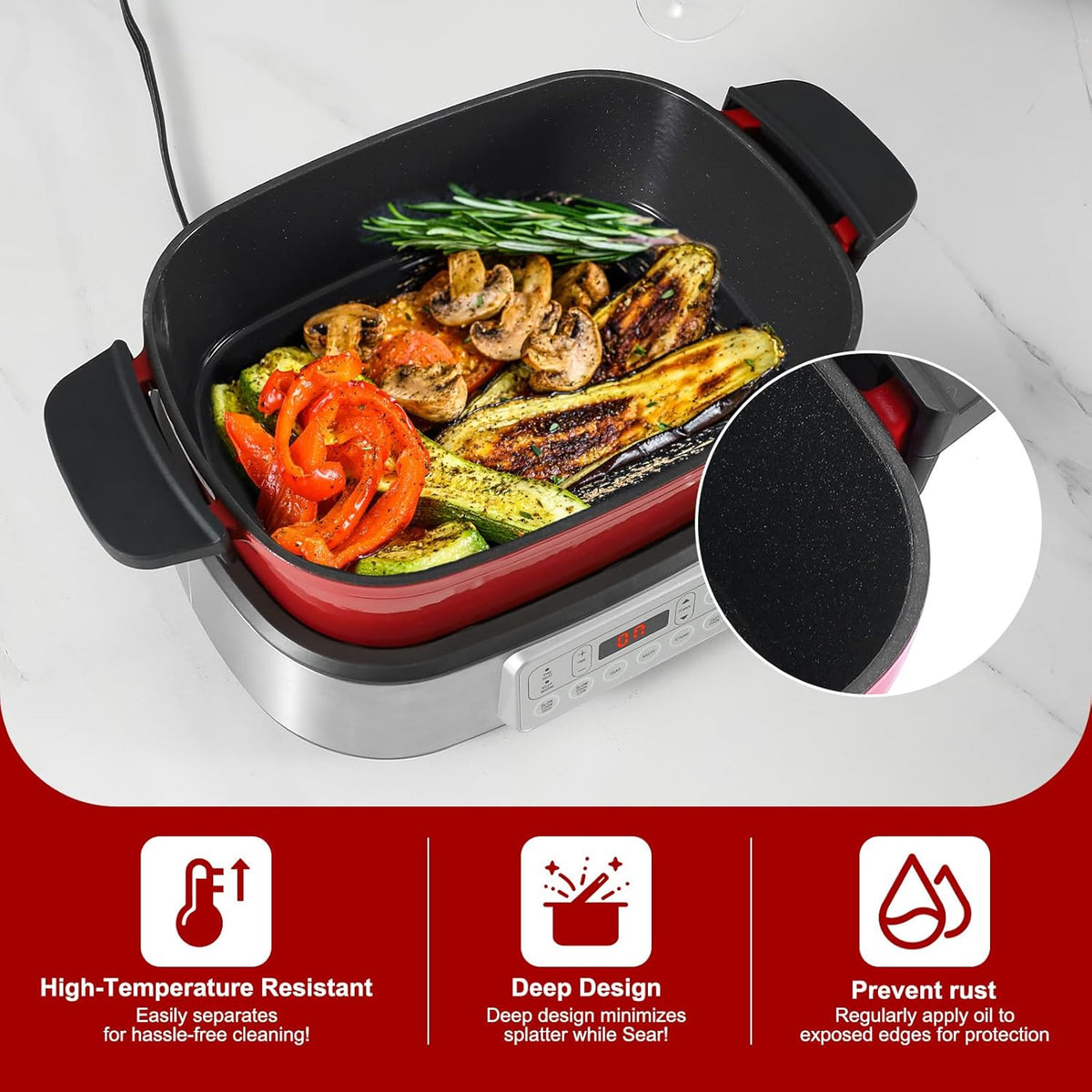 Electric Dutch Oven Multi-Cooker, 5.8QT Enameled Cast Iron Pot - 1250W Fast Heating, 6 Preset Functions, Digital Display & Keep Warm, Oven Safe Pot To 392℉, with Removable Pot, Steam Rack