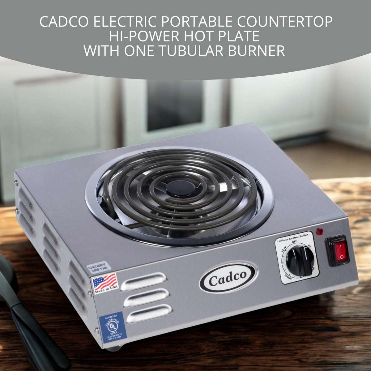 Cadco CSR-3T(220) 14" Electric Portable Countertop Hi-Power Hot Plate w/One Tubular Burner for Restaurant Hotel Food Truck Concession Kiosk, Stainless Steel, 220v