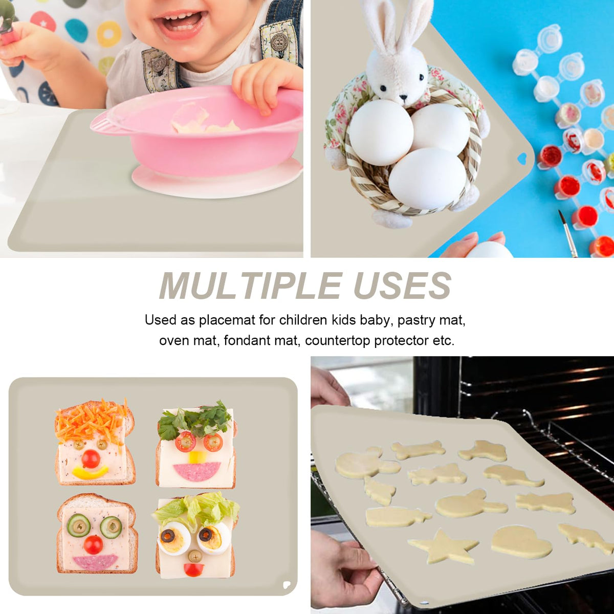 Silicone Placemat for Toddles Kids Non-Slip Reusable Portable Baby Placemats for Restaurant Stain-Proof Children Food Mats Eating Table Mat 2 Pack (Ecru)