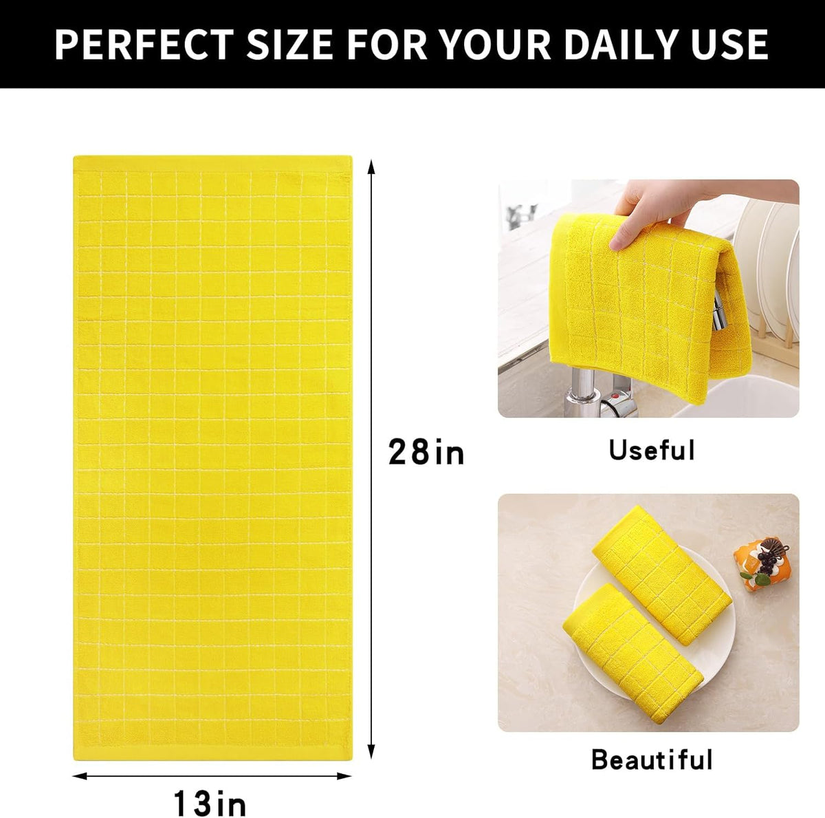 Homaxy 100% Cotton Terry Kitchen Towels(Yellow, 13 x 28 inches), Checkered Designed, Soft and Super Absorbent Dish Towels, 6 Pack