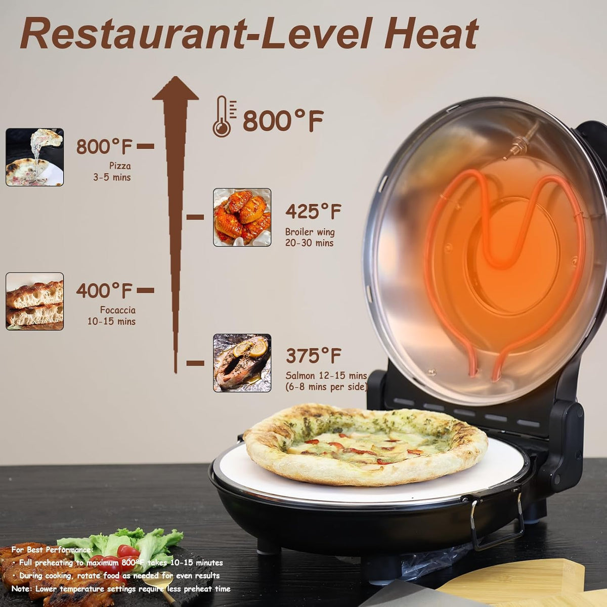 12" Electric Pizza Oven - Countertop Pizza Maker with Ceramic Stone, Heats up to 800°F, Portable Indoor Pizza Oven for Homemade Pizzas, Grey