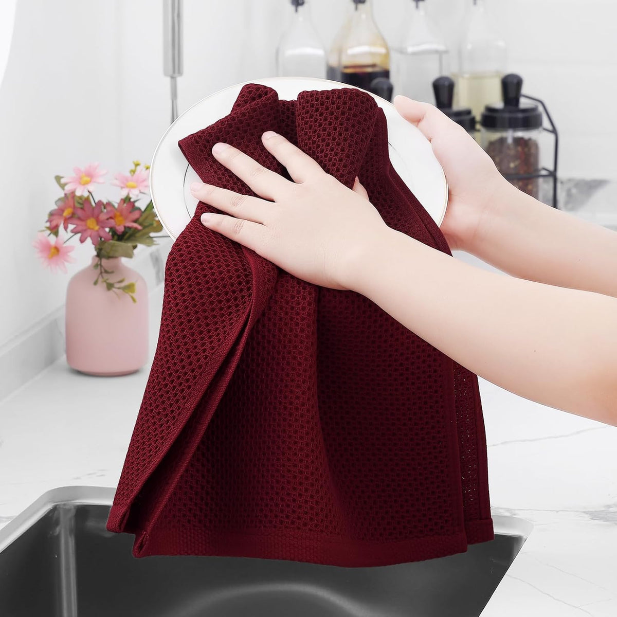 Homaxy 100% Cotton Waffle Weave Kitchen Dish Towels, Ultra Soft Absorbent Quick Drying Cleaning Towel, 13 x 28 Inches, 12-Pack, Burgundy