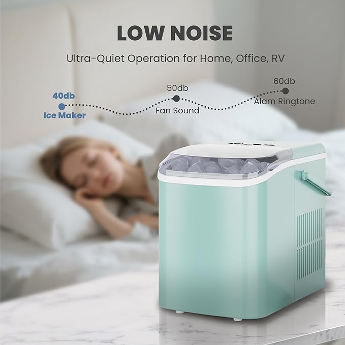 DUMOS Countertop Ice Maker with Handle, 26lbs/24H Portable Ice Machine, 9 Bullet Cubes Ready in 6 Mins, Self-Cleaning, Quiet Compact for Home, Kitchen, RV, Camping, Green
