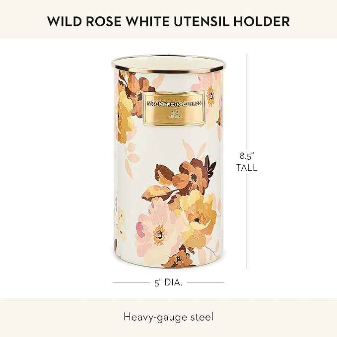 MACKENZIE-CHILDS Enamel Utensil Holder, Stylish Kitchen Countertop Organizer, Wild Rose White