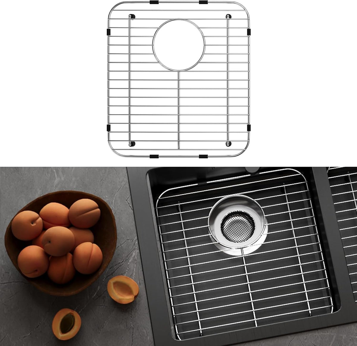 Stainless Steel Sink Protectors for Kitchen Sink, 13.12’’x11.6’’ Sink Protector Grid with Rear Drain, Rust Resistant Sink Grate for Bottom of Kitchen Sink with Sink Drain Strainer