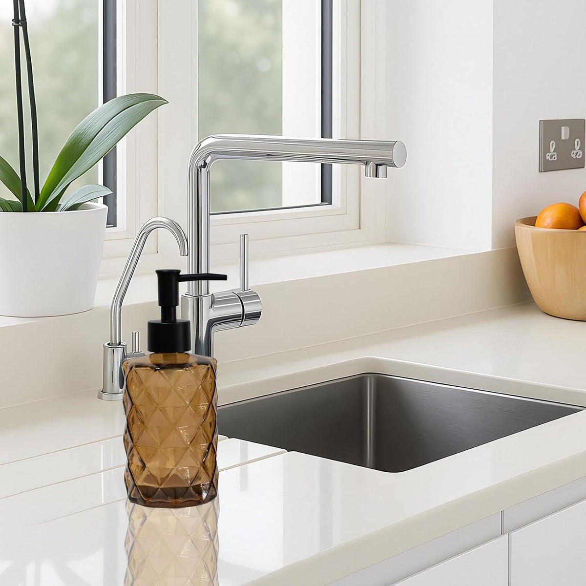 12Oz Small Glass Soap Dispenser with Black Plastic Pump, Brown Refillable Kitchen Countertop Liquid Hand Soap Dispensers with Diamond Design, Crystal Bathroom Lotion Bottle for Dispense Dish Soap