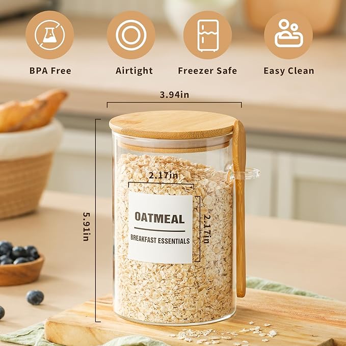 6 Pack 32oz Glass Jars with Bamboo Lids,Glass Storage Containers with Lids,Clear Airtight Food Storage Jar for Coffee,Tea,Sugar,Flour,includes 168 Pantry Labels & Spoons,3mm Thick Canisters