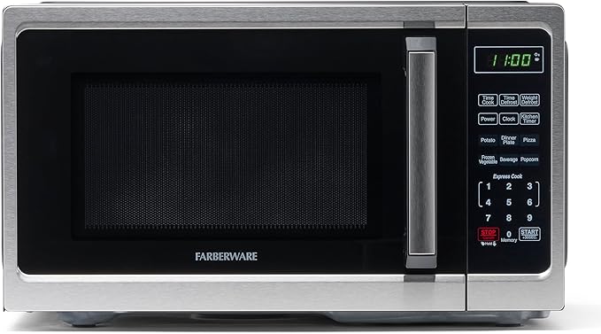 Farberware 0.9 Cu. Ft. Countertop Microwave Oven – 900 Watts Power, Auto Cook Settings, Defrost, Easy Clean and Child Safety Lock - Stainless