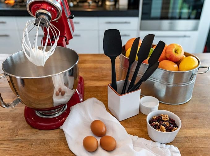 KITCHENLOVE Premium 600°F Heat Resistant 5 Piece Silicone Spatula Set for Baking, Cooking, Mixing - Non-Stick with High Grade S-Iron Steel Core - One Piece Seamless Design - BPA Free (Black)