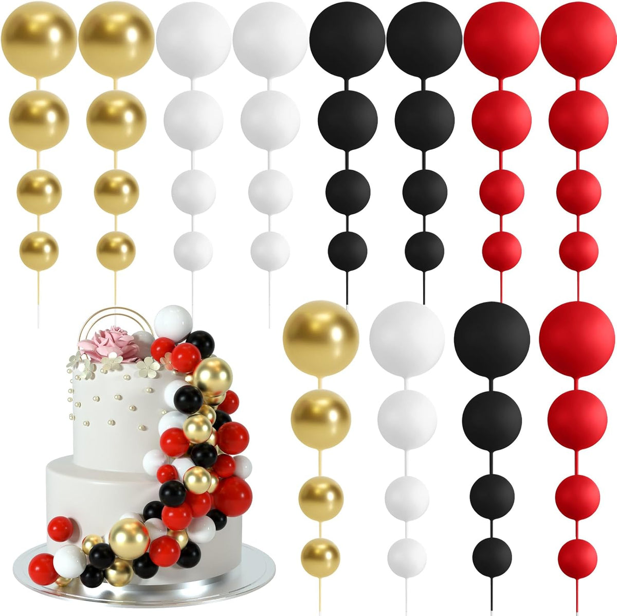 48 Pcs Balls Cake Topper Decorations Balloon Cupcake Toppers Foam Cake Topper Balls Cake Balls Decorations for Birthday Party Wedding Cake Decorating (Black, Red, White, Gold)