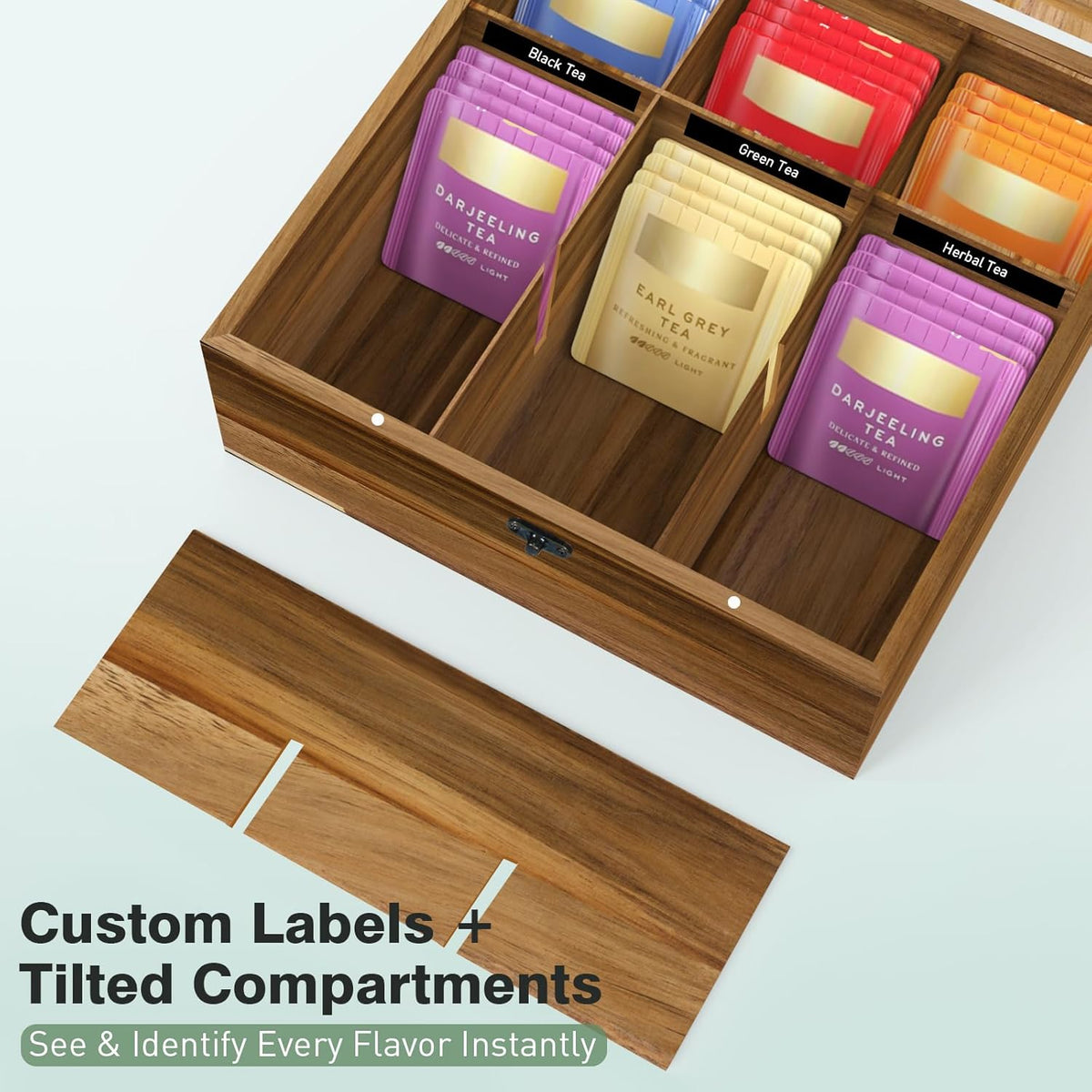 Acacia Wood Tea Bag Organizer Tea Storage Box with Clear Acrylic Top Window & 9 Compartments Tea Bag Holder for Home Office Gift (Acacia)