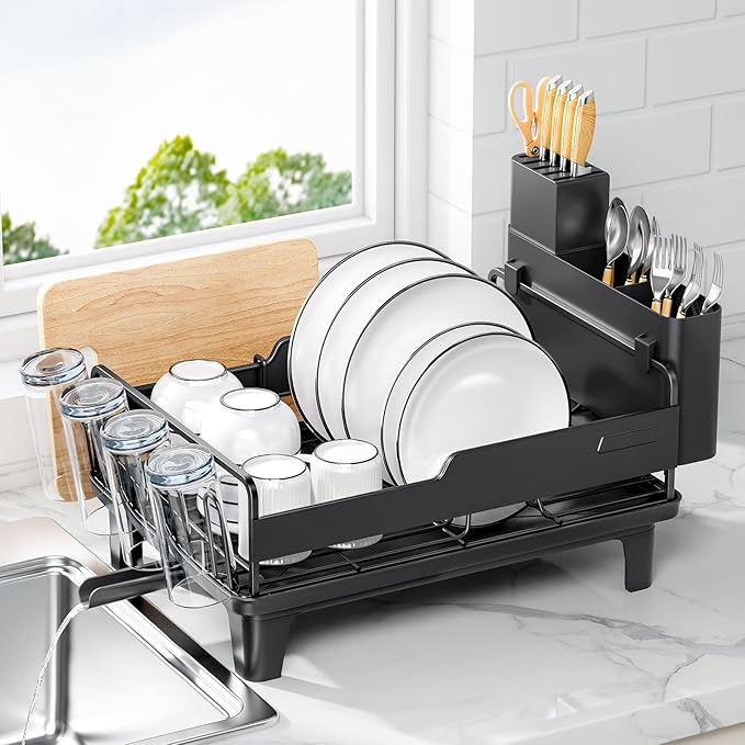 Urackify Dish Drying Rack for Kitchen Counter, Countertop Dish Rack with Drainboard, Multifunctional Dish Drainer with Cups Holder & Cutting Board, Home Plate Storage Rack with Cutlery Holder, Black