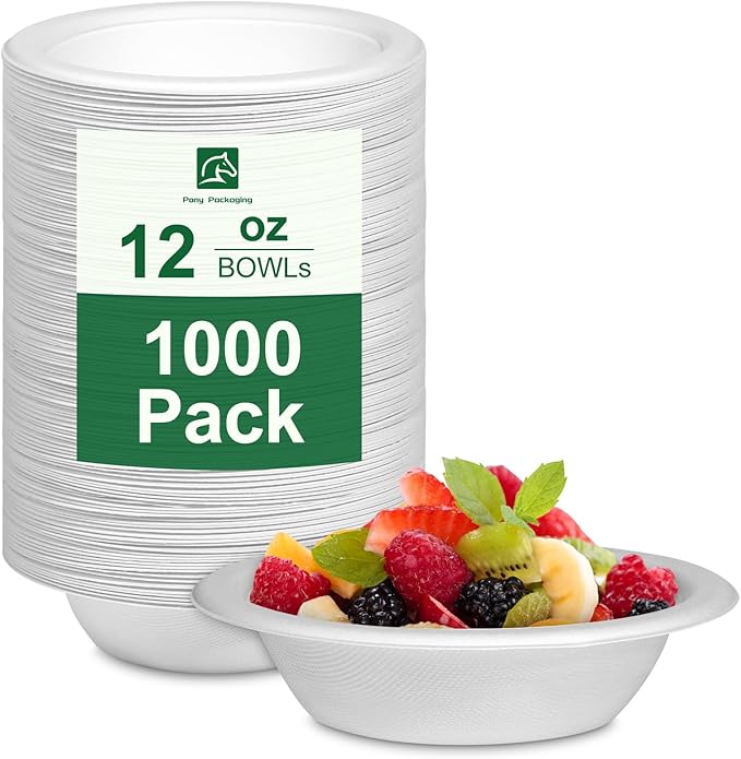 Paper Bowls 12oz, Disposable Bowls Heavy Duty, 1000-Pack 100% Compostable Disposable Soup Bowl, Biodegradable Bagasse Paper Bowls Bulk-White