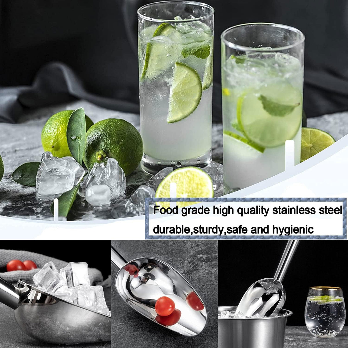 Ice Scoop,Ice Scooper for Ice Maker,24OZ Stainless Steel Metal Food Scoop Kitchen Bar Party Wedding Heavy Duty,Scoops for Household Purposes,Silver (11in)