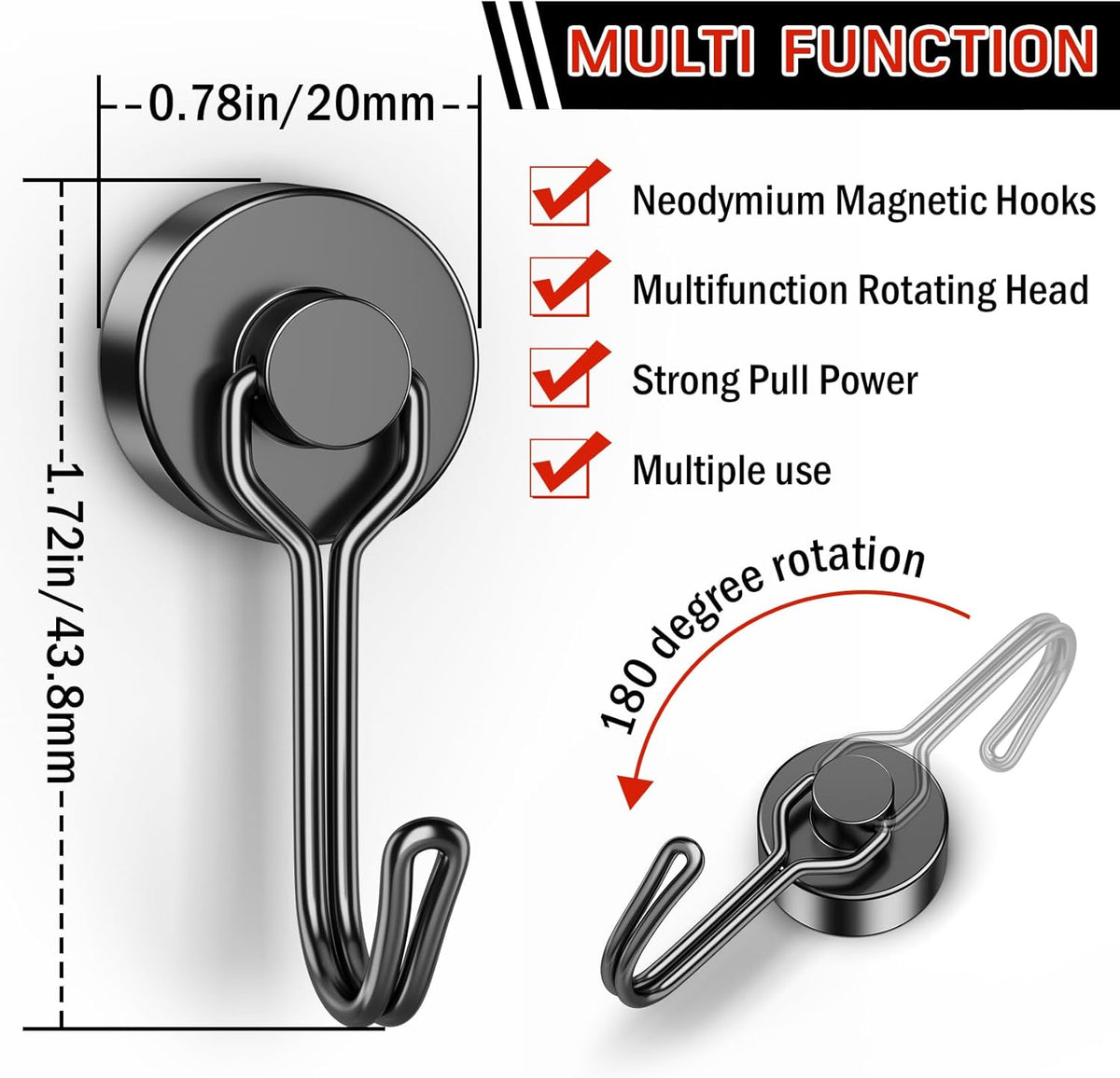 FINDMAG Magnetic Hooks, 40Lbs+ Strong Magnet Hooks for Cruise Cabins, Powerful Neodymium Magnets with Hooks for Hanging, Swivel Swing Black Magnetic Hooks for Fridge, Whiteboard, Kitchen, Toolbox
