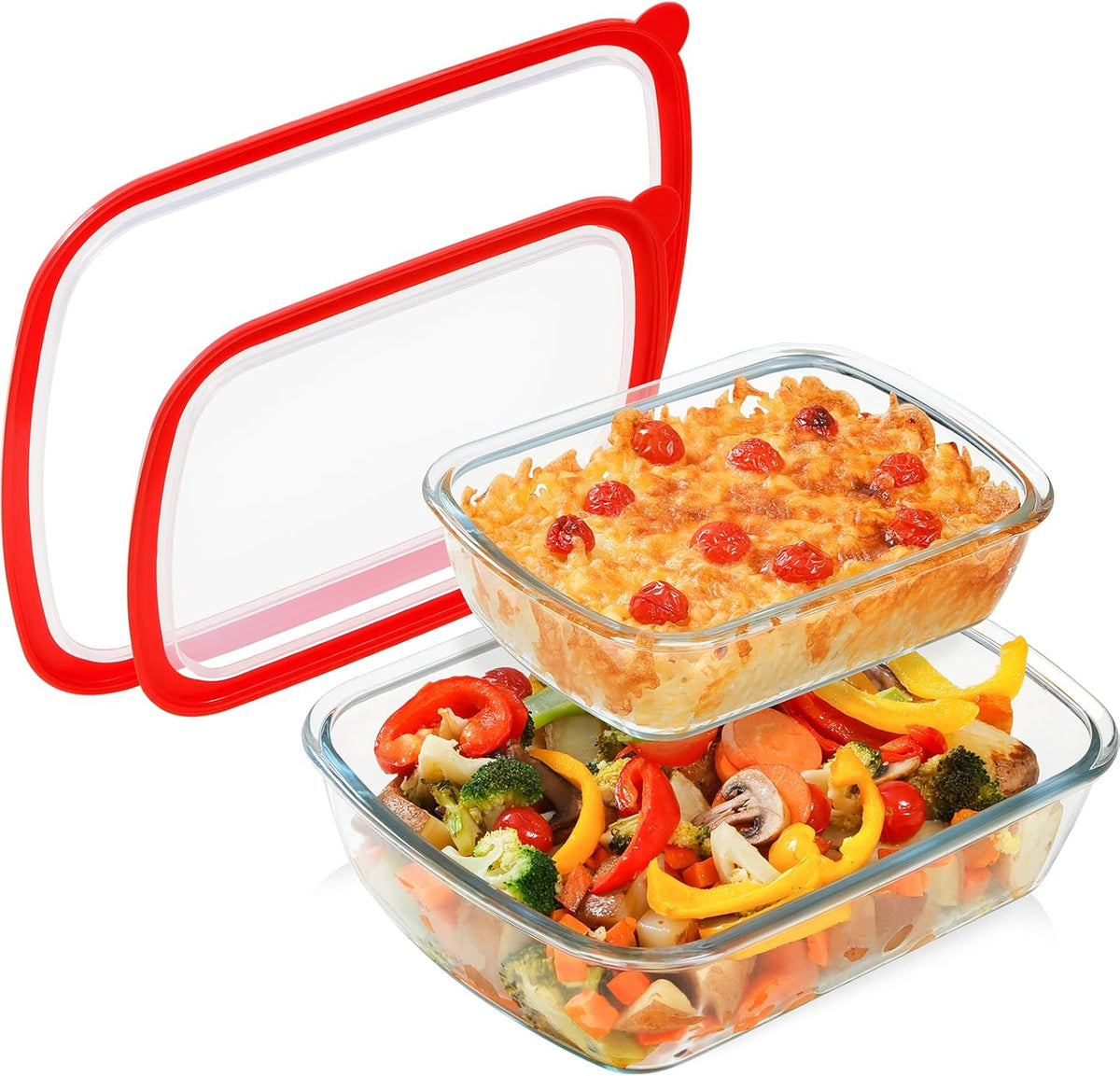 NUTRIUPS 2-Piece 9x11 & 9x6 Rectangular Glass Baking Dish with Lid Set, Deep Baking Pan, Oven Dishwasher and Microwave Safe (Tempered Glass, 1.3 QT, 3.2 QT)
