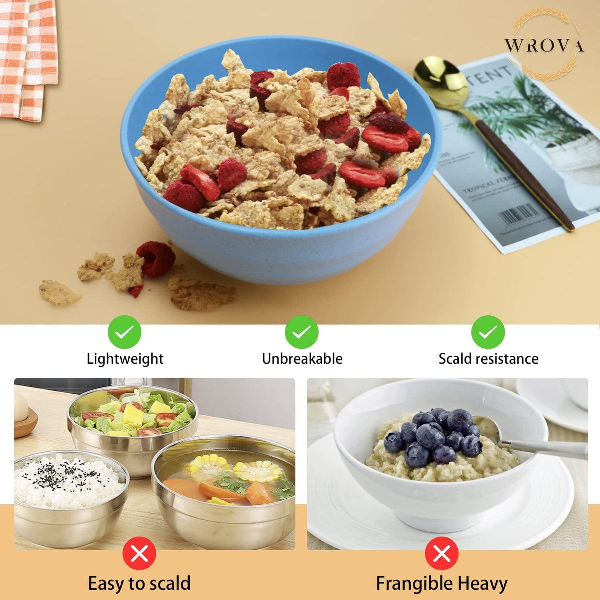 Wheat Straw Bowls Set 60 OZ Unbreakable Large Cereal Set of 6 - Microwave and Dishwasher Safe, Big for Camping and Party - BPA Free Soup Bowl for Serving Oatmeal and Salad - 6 Colors
