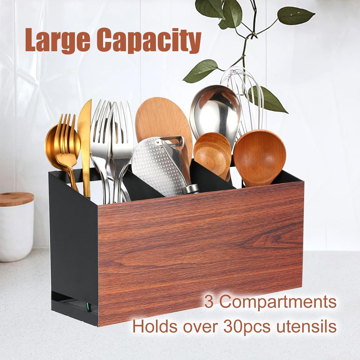 Utensil Holder Large Iron Flatware Container with 3 Compartments Countertop Wall-mounted Kitchen Utensil Storage (Black)