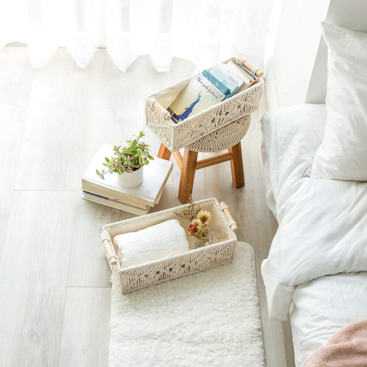 Mkono Macrame Storage Baskets Boho Decor Box Handmade Woven Decorative Countertop Toilet Tank Shelf Cabinet Organizer for Bedroom Livingroom Home, Set of 2, Ivory
