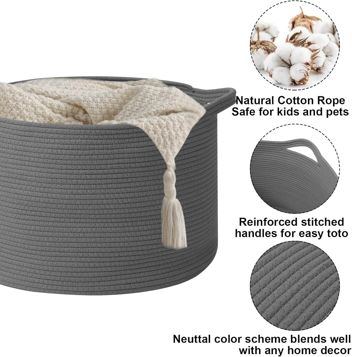 Large Blanket Basket for Organizing,65L Closet Organizers and Storage Bins Box for Shelves Woven Rope Storage Baskets,Living Room,Bedroom,Dorm,Laundry room (Dark Grey)