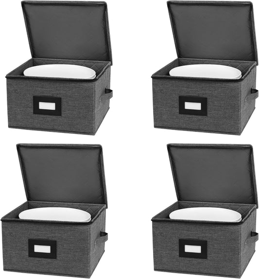 Mayniu China Storage Containers Hard Shell, 12" Plate Storage Containers for Dishes, Stackable Dinnerware Storage with 48 Felt Dividers (4 Pack Black)