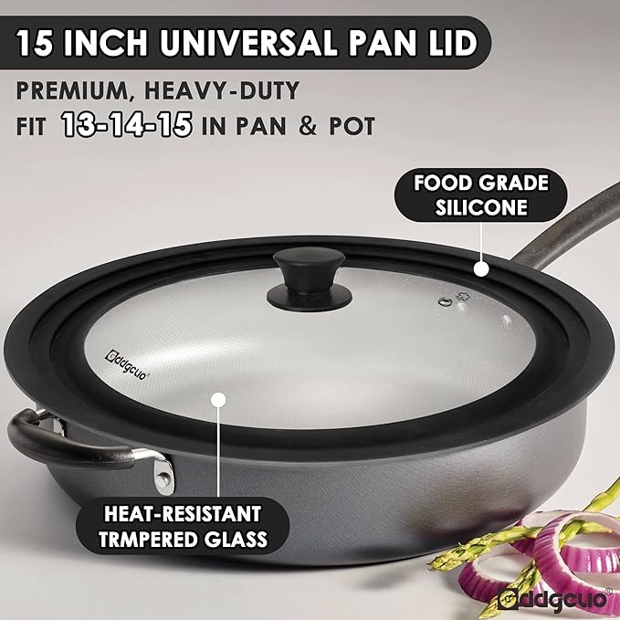 13-14-15 in Universal Pan Lid, Extra Large Silicone Pot Lid for Pots, Pans & Skillets, Replacement Frying Pan Lid with Heat Resistant Silicone Knob, Dishwasher Safe, Black