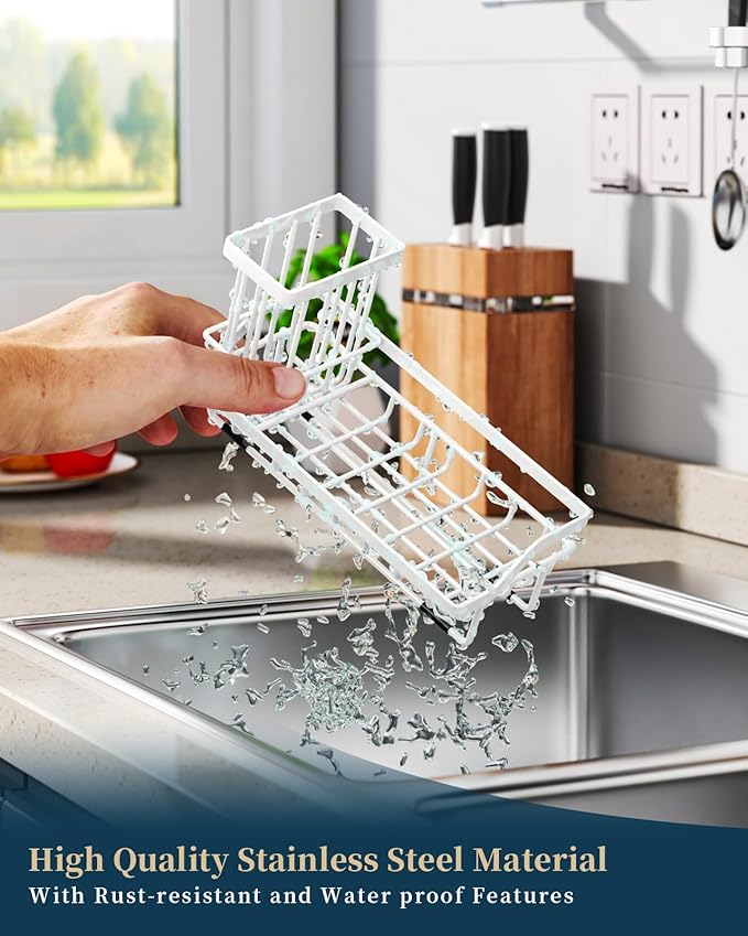 Consumest Sponge Holder for Kitchen Sink - Sink Caddy Organizer with Removable Drip Tray for Countertop Dish Soap Dispenser Brush Storage Kitchen Accessories 304 Stainless Steel, White
