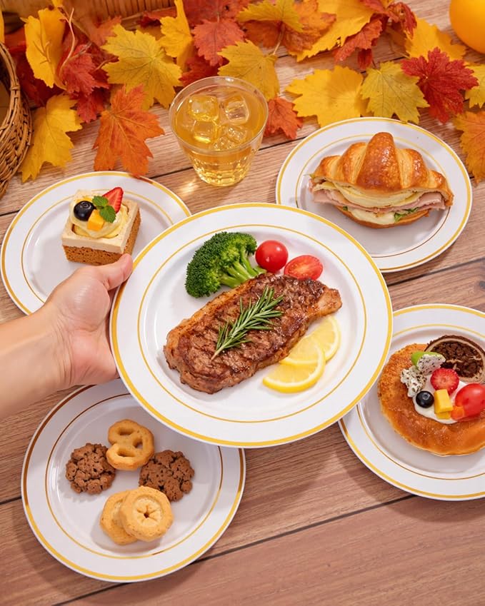bUCLA 150PCS Gold Plastic Dinnerware Set Disposable - Heavy Duty Gold Plates Include 25 Dinner & 25 Dessert Plates,25 Forks,25 Knives,25 Spoons&25 Cups for Party&Thanksgiving Table Decor