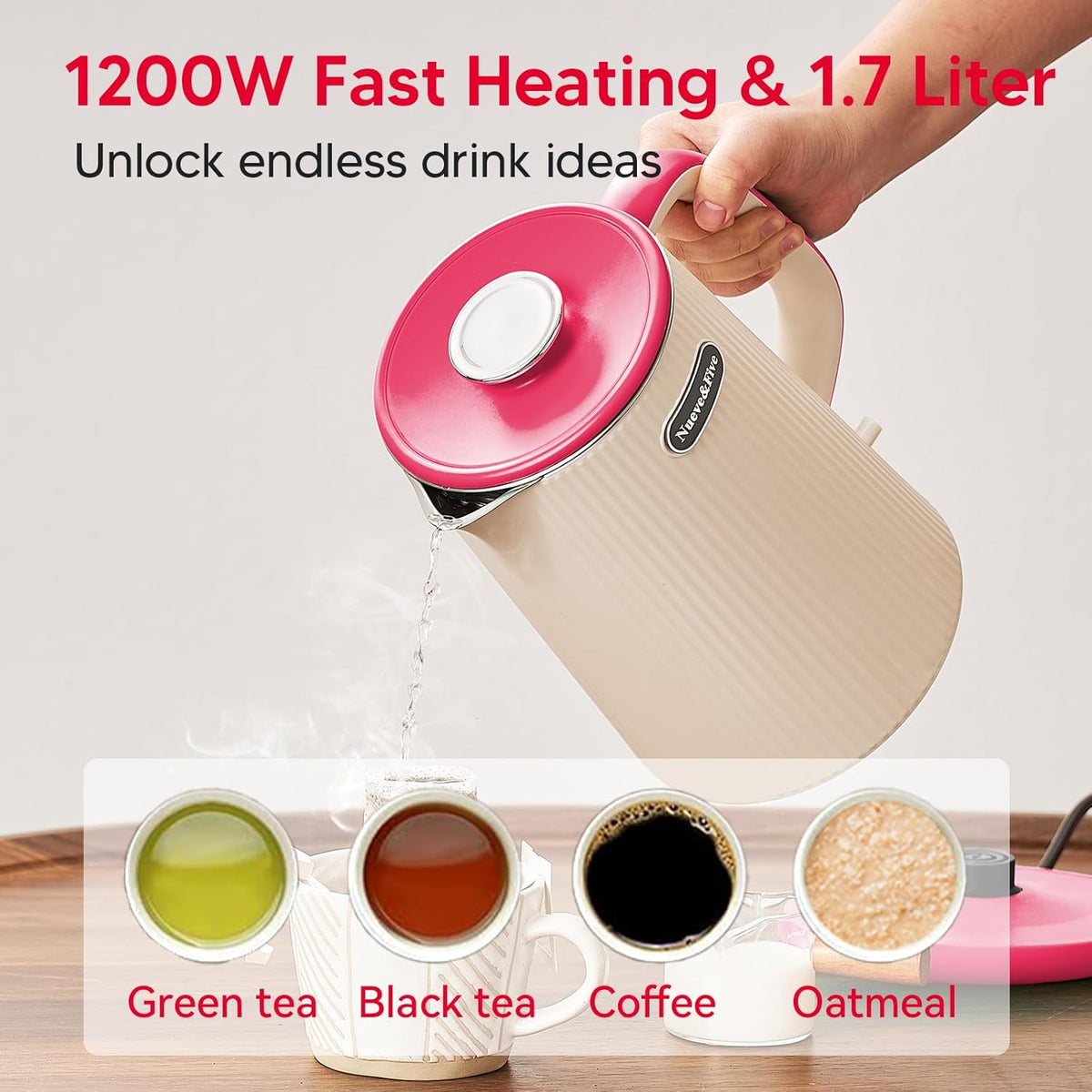 Nueve&Five 1.7L (57oz) Large Electric Kettle Perfect for 7+Cups of Tea and Coffee,2 quarts Double Wall Big Electric Tea Kettle,Auto Shut Off,1200W Hot Water Kettle Electric -Red