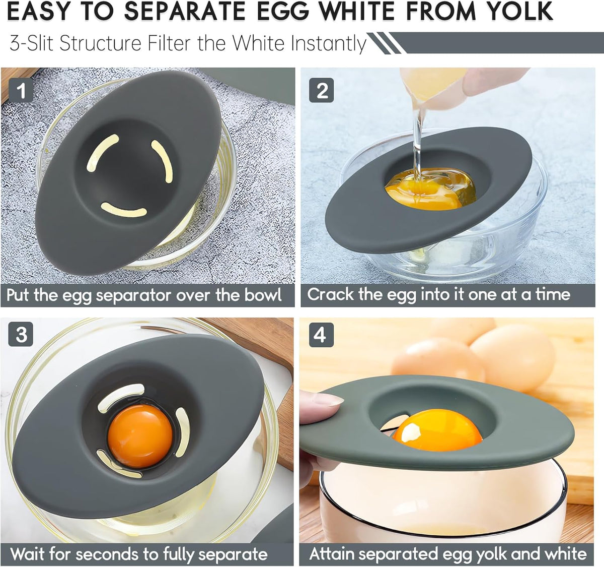 2PCS Silicone Egg Separators, Food-Silicone Egg White Separator, 3-Slit Egg White Separator from Yolk for Baking, Must-Have Egg Separator Tool, Set of 2