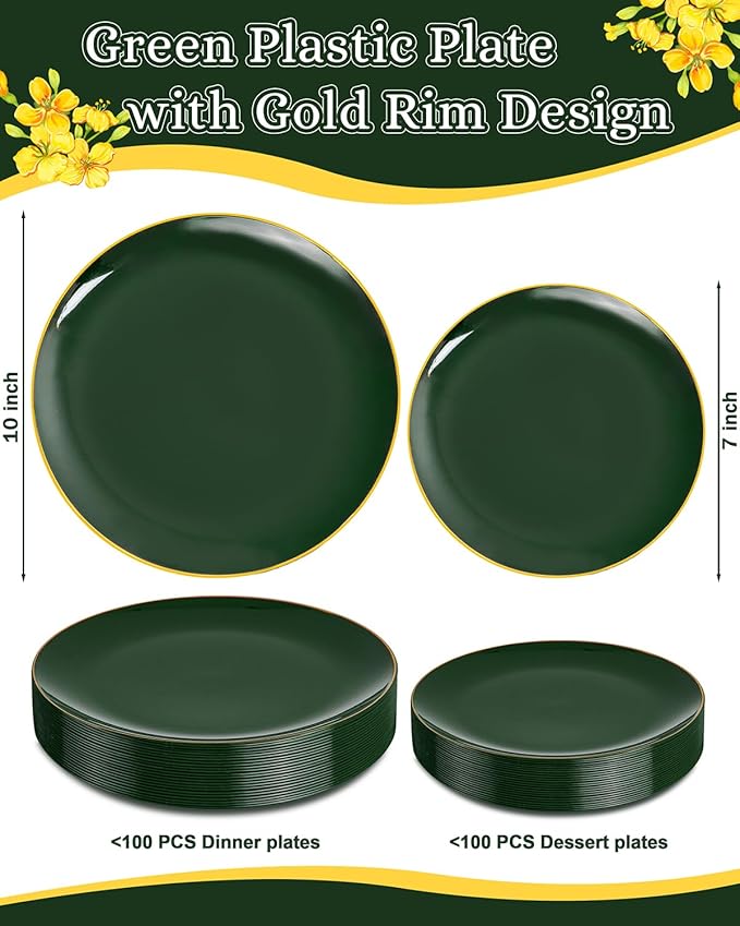 PULOTE 200PCS Green Plastic Plates - Heavy Duty Green Disposable Include 100 Each (10 inch Dinner & 7 inch Dessert) Plates for Christmas Party