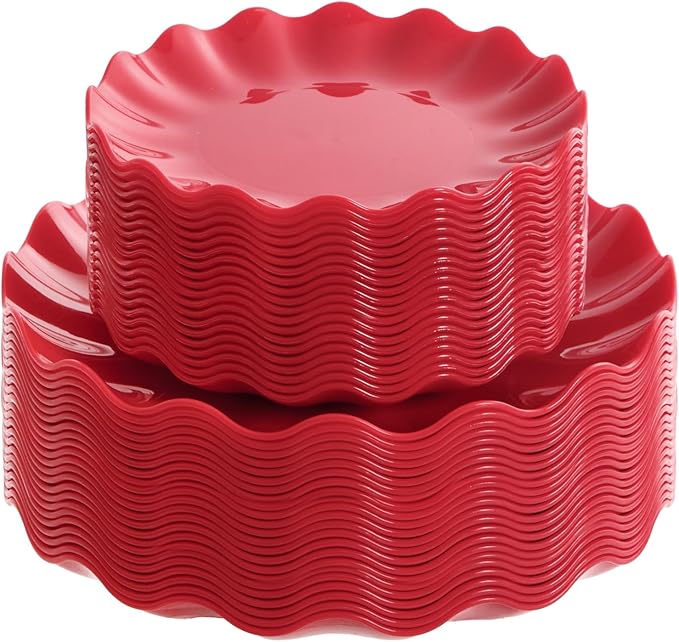 LIYH 50 Pcs Red Plastic Plates Reusable Christmas Plastic Plates Unbreakable Holiday Dinnerware Set Scalloped Plate for Christmas Day,Dishwasher Safe BPA Free (25Guests)