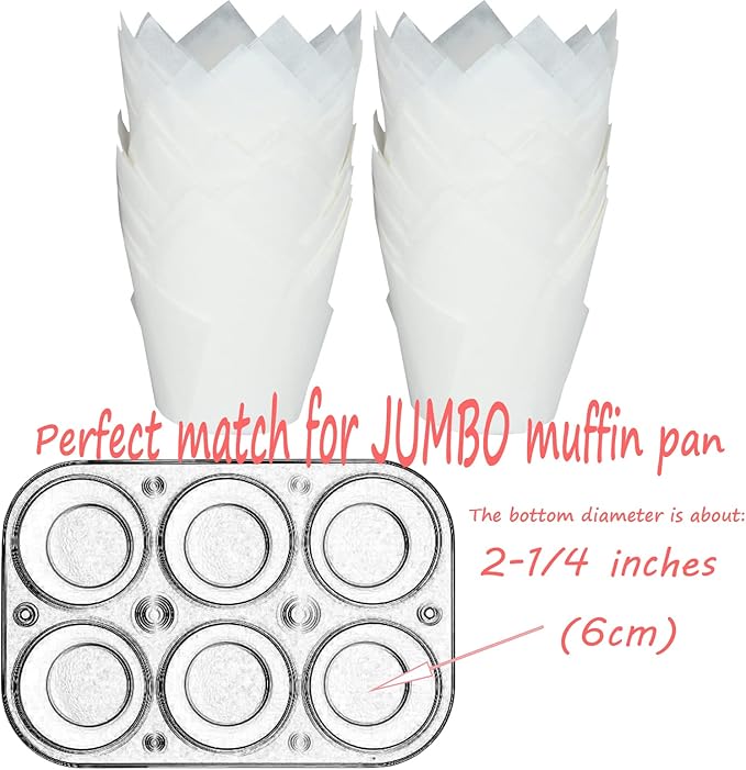 Large size White Tulip Baking Cups 2-1/4"(Base diameter) x 4"(Wall height) Greaseproof paper baking cupcake Muffin liners, Case of 130 pcs