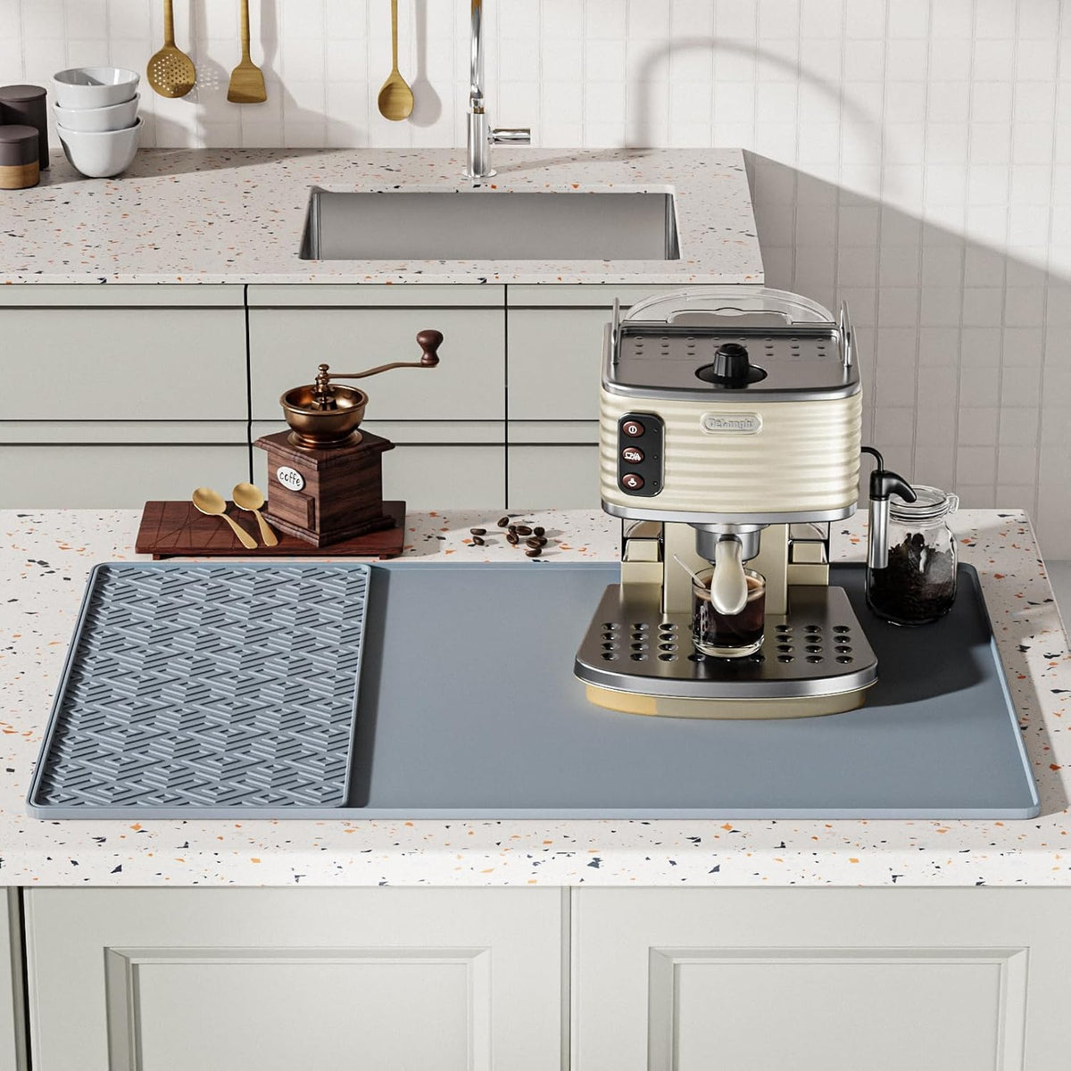 Silicone Coffee mat 24''x16'' – Non-Slip Bar Mat with Detachable Drying Layer for Espresso Machines, Countertops & Dish Racks