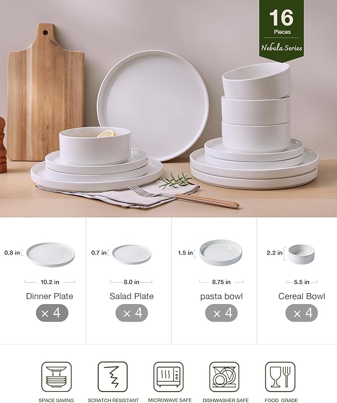 Famiware Nebula Dinnerware Set with Pasta Bowls, Service for 4 (16pcs), Fine Stoneware Plates and Bowls Sets, Microwave and Dishwasher Safe Dishes Set, White