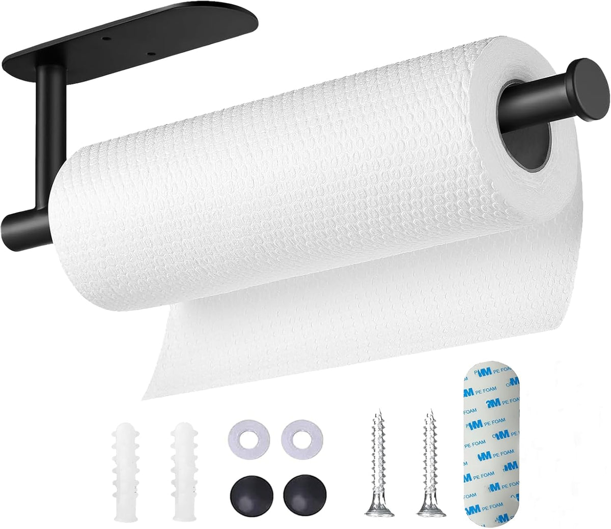 Self Adhesive or Drilling Paper Towel Holder Under Cabinet,Black Stainless Steel Hanging Paper Towel Holder Wall Mount for Kitchen Paper Towel,Under Counter Paper Towel Roll Rack for Home,Bathroom,RV