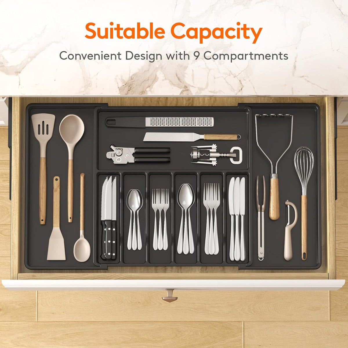 Lifewit Silverware Drawer Organizer, Expandable from 18.7 to 33 inches, Adjustable Utensil Tray for Kitchen, Large Cutlery Holder, Plastic Flatware Storage for Spoons Forks Knives, Black