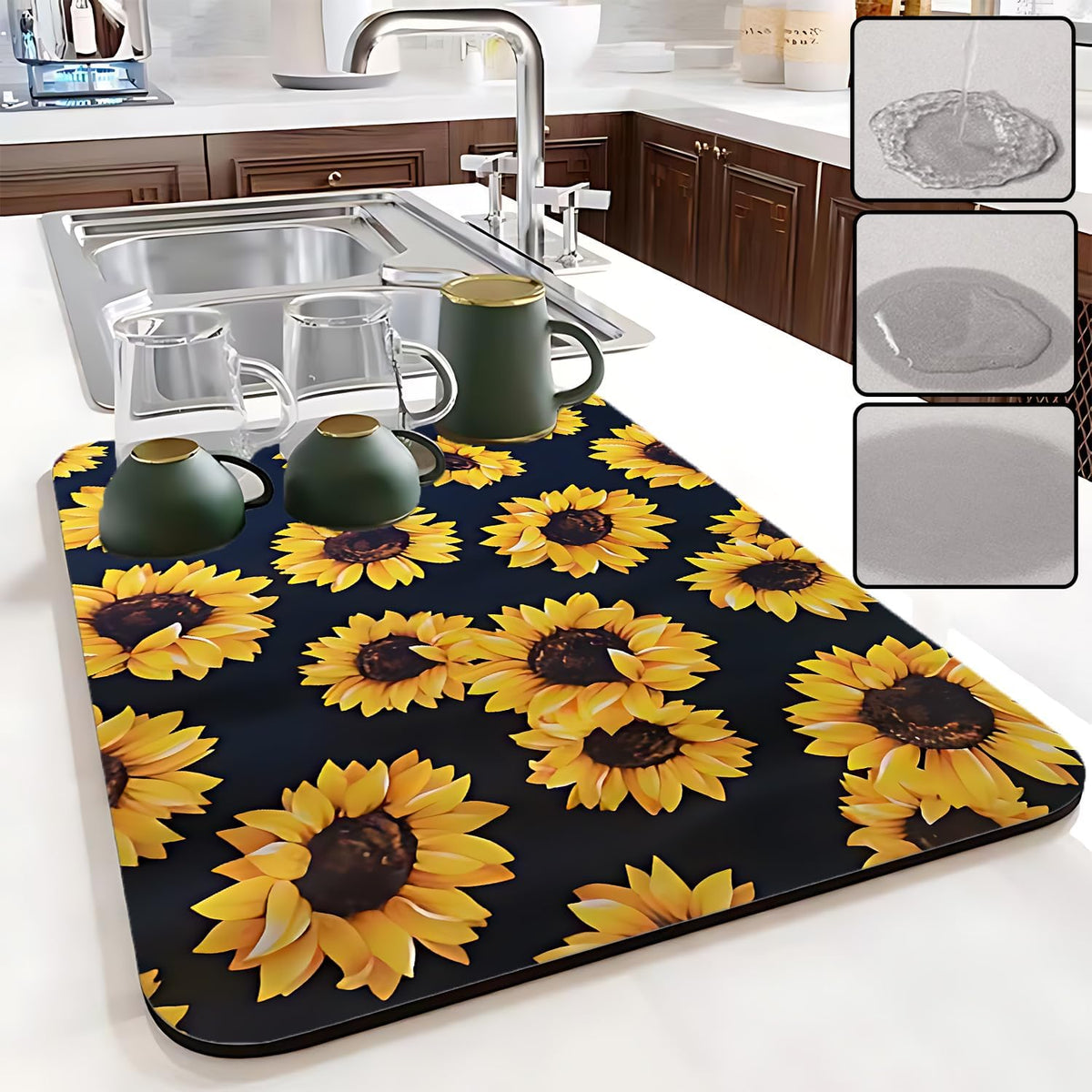 Dish Drying Mat Foldable Fall Kitchen Drying Mat Absorbent Sink Mat Multi-Purpose Coffee Pad Easy To Clean,Kitchen Gadgets,sunflower decor(sunflower) (12inches*16inches)