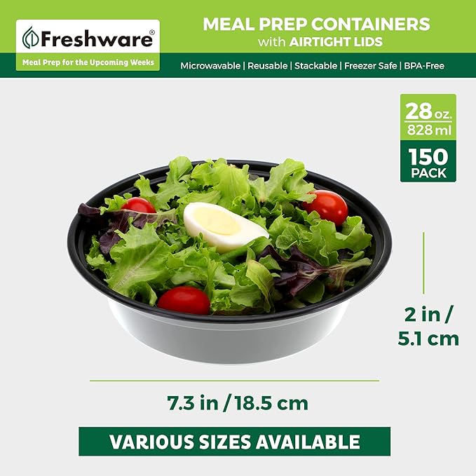 Freshware Meal Prep Containers with lids [150 Pack] Food Storage Containers, Bento Box, BPA-Free, Stackable, Microwave, Dishwasher, Freezer Safe, 32 Oz