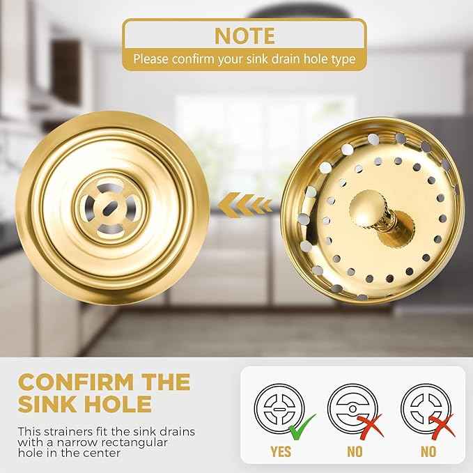 Mudder 3 Pcs Kitchen Sink Drain Strainer and Stopper Stainless Steel Garbage Disposal Plug with Handle Universal Anti-Clogging Kitchen Sink Filter Sieve Basket Strainer(Light Gold)