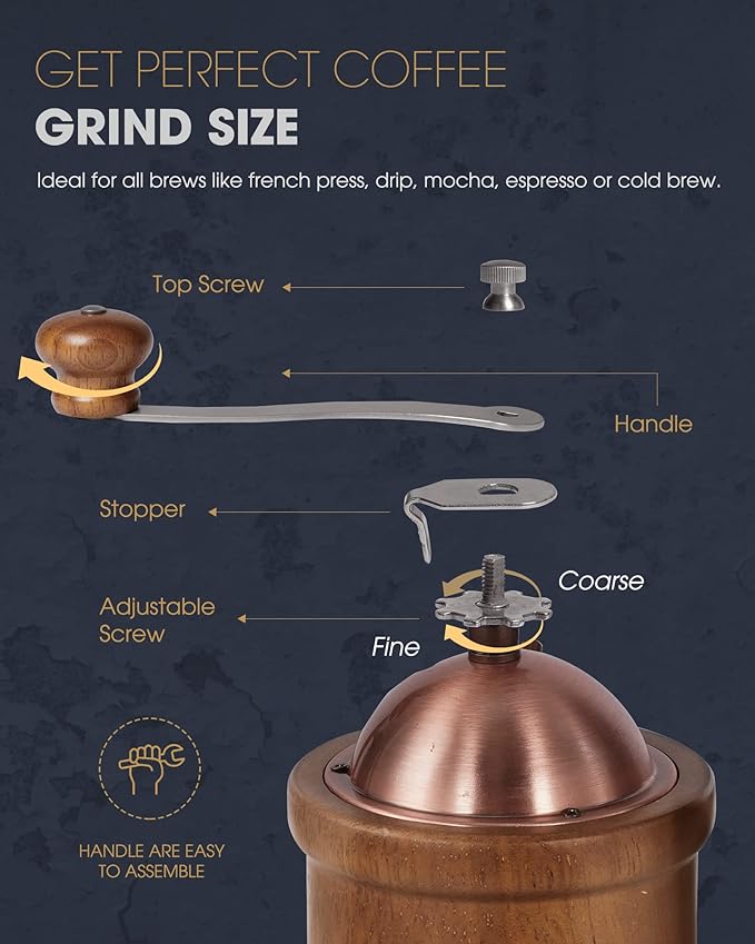 POLIVIAR Manual Coffee Grinder, Coffee Bean Grinder with Adjustable Ceramic Burr, Vintage Style Wooden Hand Coffee Grinder, Large Capacity Burr Coffee Grinder with Brush and Spoon (JX2022-CG20)