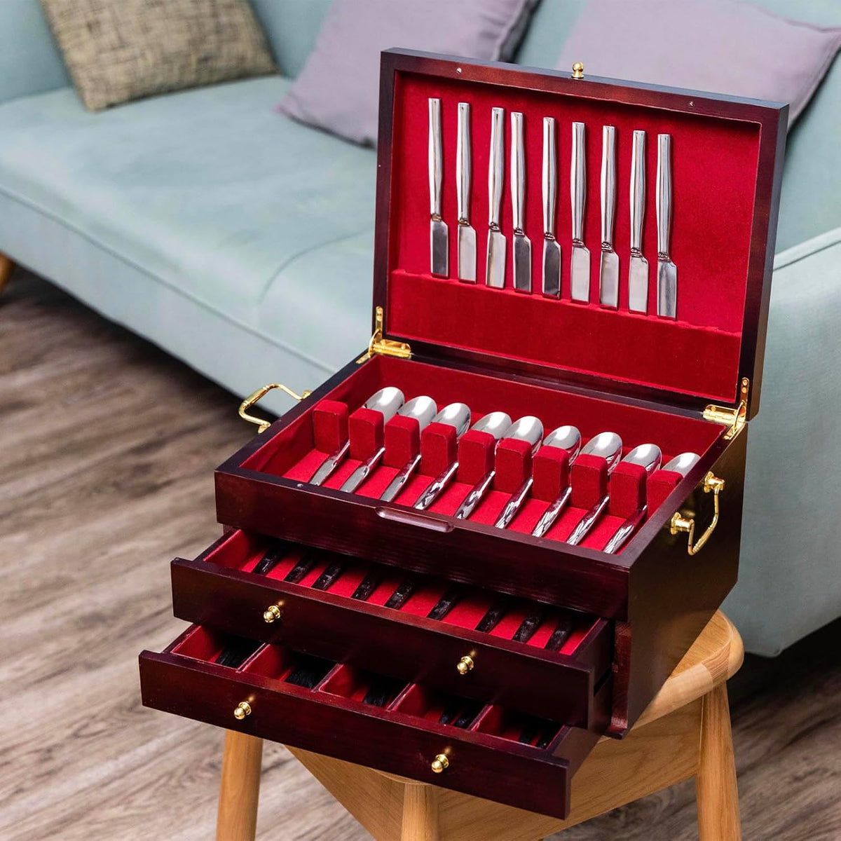GENRICE Wooden Silverware Chest without Silverware Three-layer, Silverware Box Storage for Silver, Silverware Case with Handle and Felt Lined, Flatware Chest for 12 or 16 or more sets of Utensils