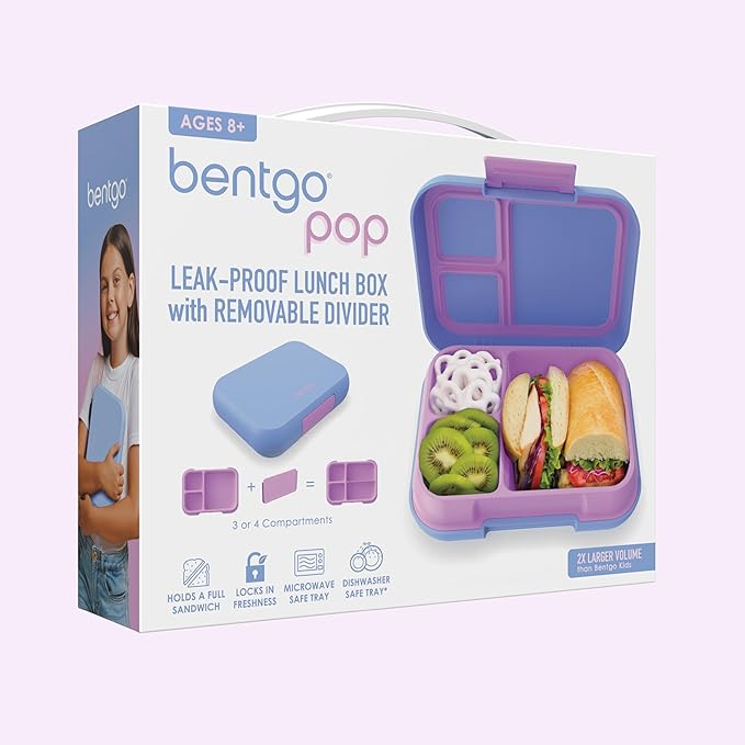 Bentgo Pop - Leak-Proof Lunch Box & Removable Divider for Ages 8+ & Teens - Lunch Container Holds 5 Cups of Food; 3-4 Compartments; Microwave/Dishwasher Safe; 2 Year Warranty (Periwinkle/Pink)