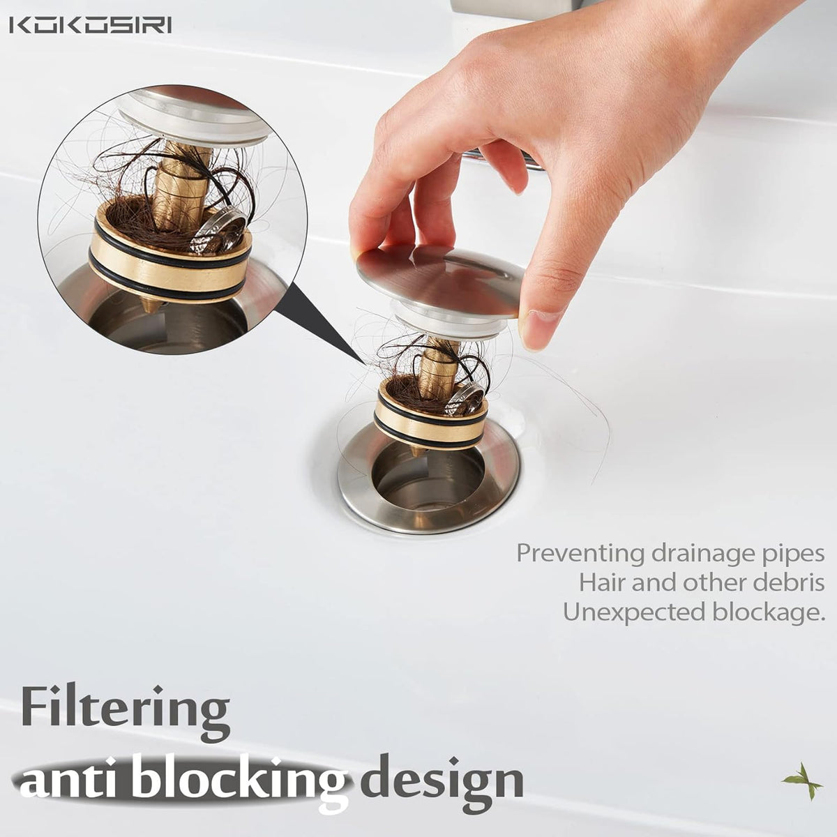 KOKOSIRI Pop Up Sink Drain with Strainer Basket, Brushed Nickel Bathroom Sink Drain with Detachable Hair Catcher Anti Clogging for Vanity Vessel Sink Without Overflow, C1002BR