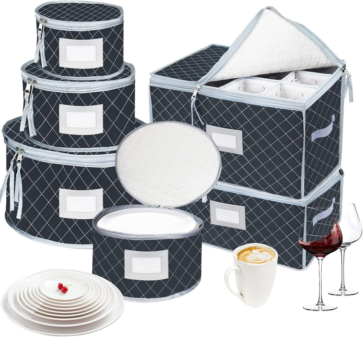 VERONLY China Dinnerware Storage Containers Set- Dish,Mug,Stemware Storage Cases - Quilted Box Bins Stackable with Divider,handles,Clear Window for Cups,Plates,Wine Glasses Moving Set of 6 (Grey