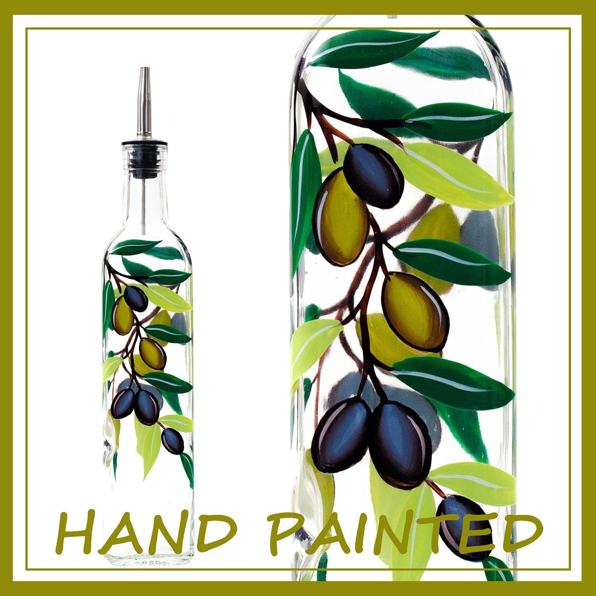 17oz Hand Painted Glass Olive Oil Bottle Dispenser - 500ml Green Oil & Vinegar Cruet with Pourers - Olive Oil Carafe Decanter for Kitchen (olive2)