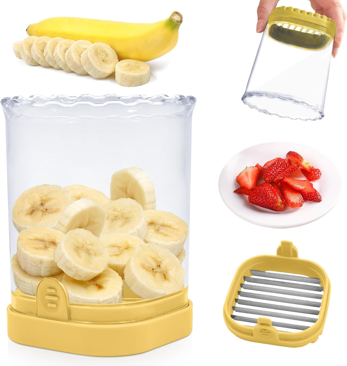 Fruit Slicer Cup: Strawberry Slicer, Strawberries Cutter Cup, Speed Cutter for Banana Grape Egg Kitchen Portable Slicing Tool(Yellow)